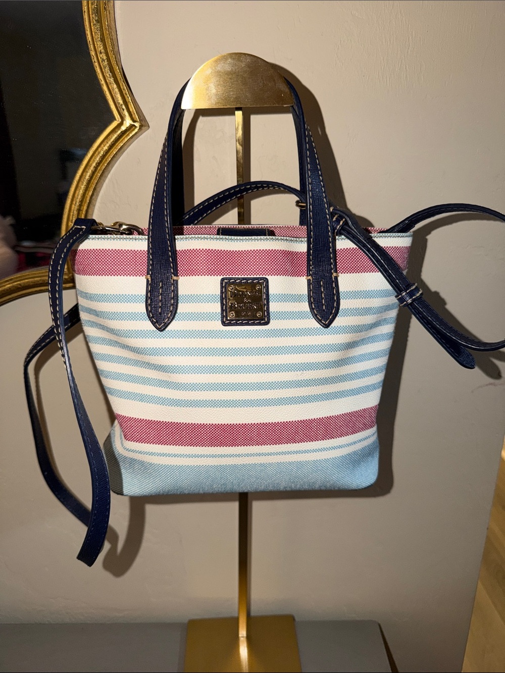 Dooney & Bourke Navy, Pink & Light Blue Striped Mini Tote